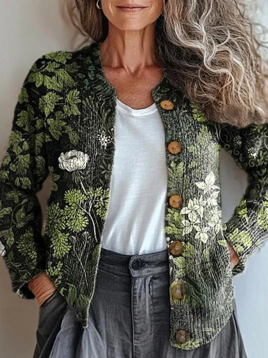 Women's Vintage Spring/Fall Ethnic Knitted Floral Cardigan