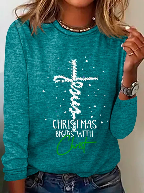 Women's Long Sleeve Blouse Spring/Fall Christmas Cotton-Blend Crew Neck Daily Going Out Casual Top