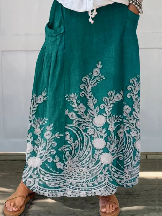 Women's Vintage 3D Printing Umbrella Spring/Fall Linen Skirt