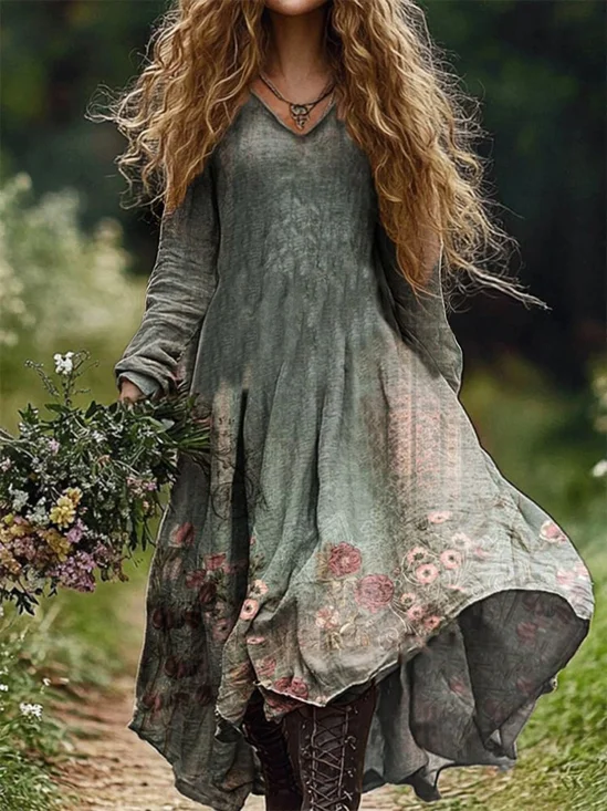Women's Long Sleeve Spring/Fall Floral Jersey Dress V Neck Daily Going Out Casual Maxi A-Line T-Shirt Dress