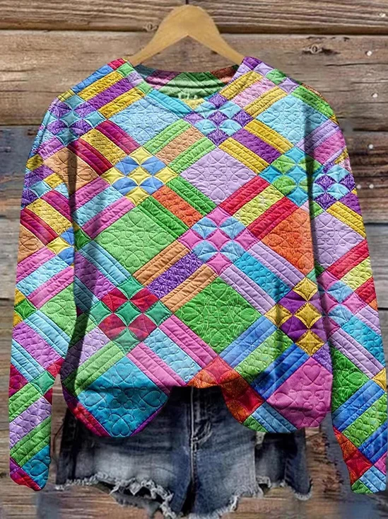 Women's Colorful Checkered Print Casual Long Sleeve Crew Neck Sweatshirt