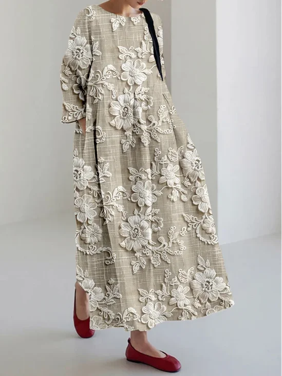 Women 3D Printing Half Sleeve Summer Dress Crew Neck Daily Vintage Maxi Shirt Dress A-Line Dress