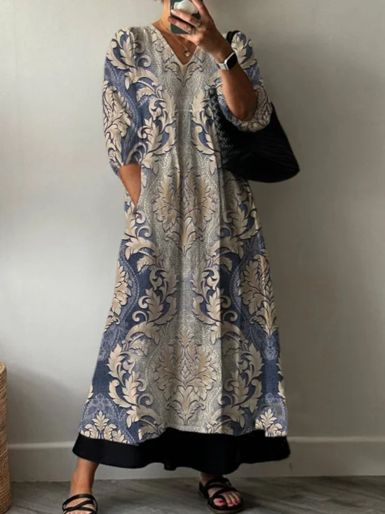 Women's Long Sleeve Spring/Fall Ethnic Jersey Dress V Neck Holiday Going Out Casual Maxi A-Line T-Shirt Dress