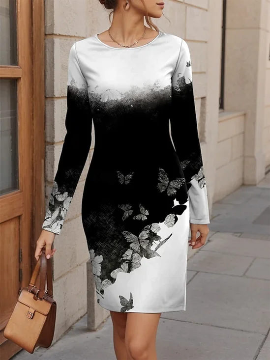 Women's Long Sleeve Spring/Fall Butterfly Jersey Dress Crew Neck Holiday Going Out Casual Mini H-Line T-Shirt Dress