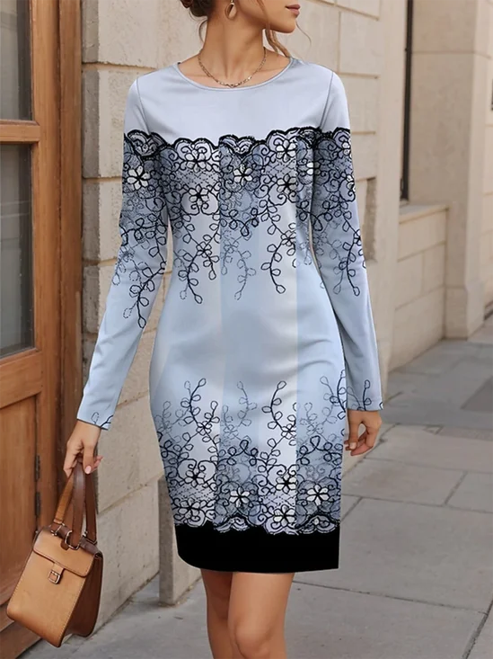 Women's Long Sleeve Spring/Fall Plants Jersey Dress Floral Holiday Going Out Casual Mini H-Line T-Shirt Dress