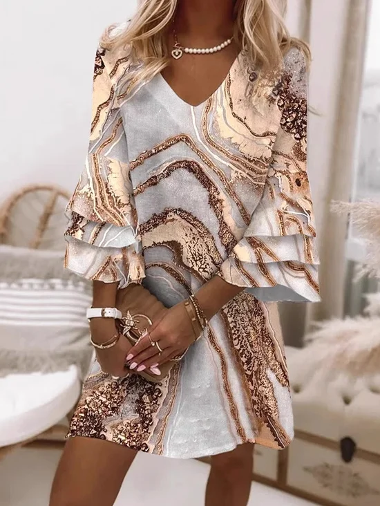 Women Geometric Three Quarter Sleeve Spring/Fall Dress V Neck Daily Casual Mini H-Line Dress