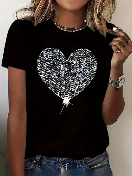 Women's Valentine's Day Heart Rhinestone Short Sleeve T-shirt