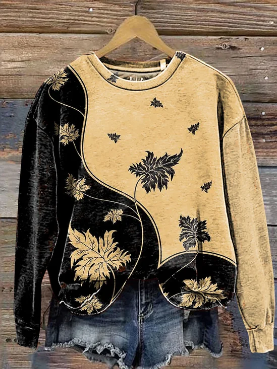 Women's Crew Neck Leaf Casual Spring/Fall Long Sleeve Floral Sweatshirt