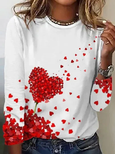 Women's Valentine's Day Love Heart Print Long Sleeve Crew Neck T-shirt