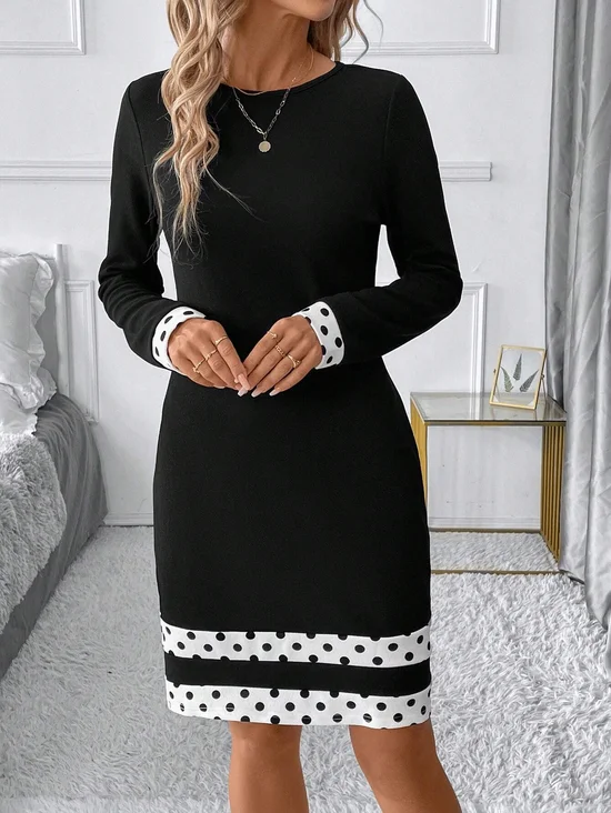 Women's Long Sleeve Spring/Fall Multicolor Block Dress Crew Neck Holiday Going Out Vintage Mini H-Line Hip Skirt