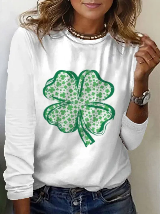 Women's St Patricks Day Four-leaf Clover Print Long Sleeve Crew Neck Floral T-shirt
