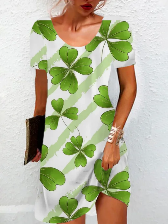 Women's St Patricks Day Four-leaf Clover Print Mini Short Sleeve Floral Dress