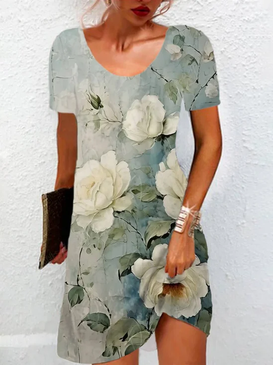 Women's Short Sleeve Summer Floral Jersey Dress Crew Neck Daily Going Out Casual Mini H-Line TUNIC