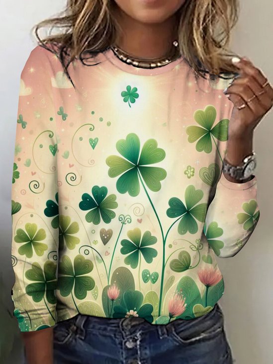 Women's Four-leaf Clover Long Sleeve Tee T-shirt Crew Neck Vintage Spring/Fall Top