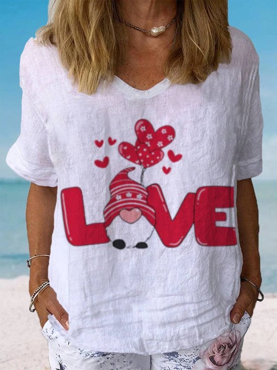 Women's Valentine's Day Gnome Love Print Short Sleeve V Neck T-Shirt