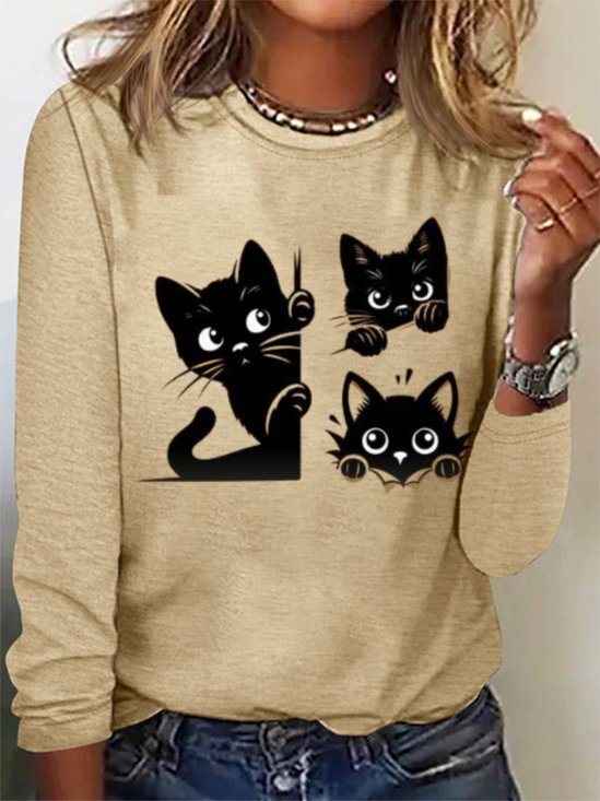 Women's Long Sleeve Tee T-shirt Spring/Fall Cat Jersey Crew Neck Daily Going Out Casual Top
