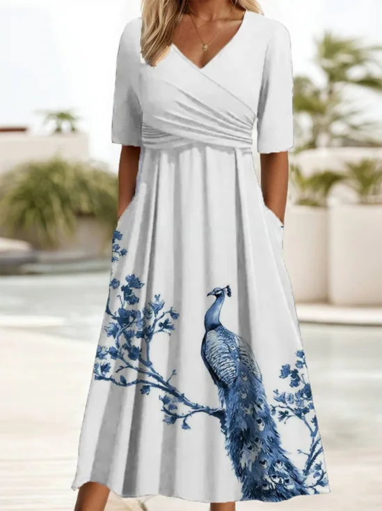 Women's Short Sleeve Summer Peacock Dress V Neck Holiday Going Out Casual Maxi A-Line