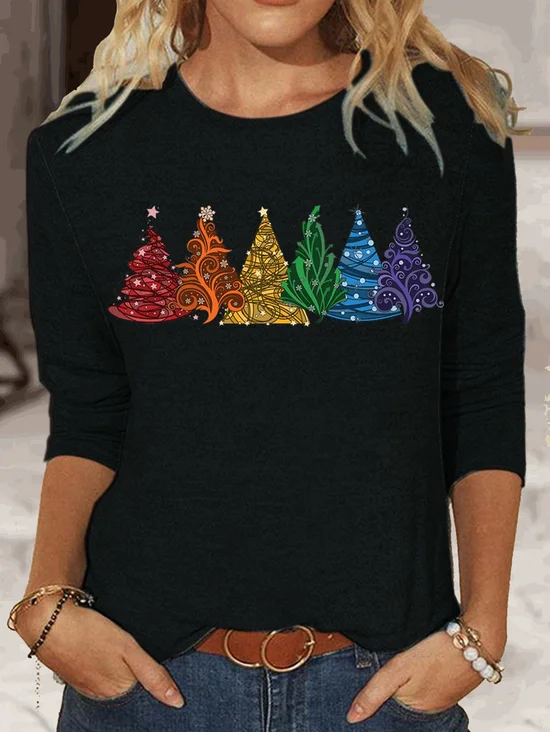 Women's Long Sleeve Tee T-shirt Spring/Fall Christmas Tree Jersey Crew Neck Daily Going Out Casual Top