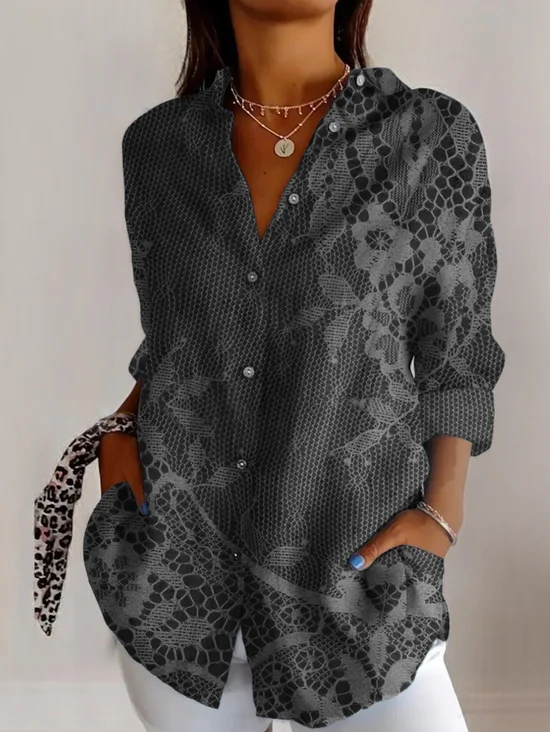Women's Long Sleeve Shirt Spring/Fall Geometric Cotton Shirt Collar Daily Going Out Casual Top