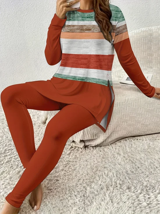 Women's Jersey Striped Daily Going Out Two Piece Set Long Sleeve Casual Spring/Fall Top With Pants Matching Set