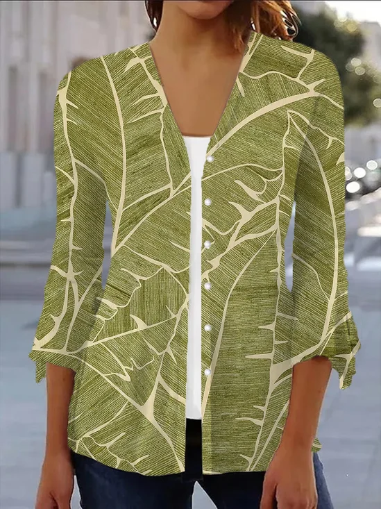 Women's Spring/Fall Outerwear Casual Leaf Floral Jersey Shawl Jacket
