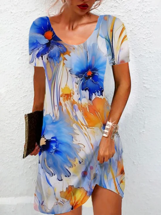 Women Floral Short Sleeve Summer Dress Crew Neck Daily Casual Mini Tunic H-Line Dress