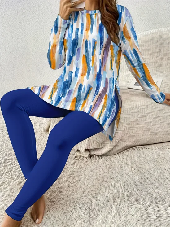 Women's Jersey Geometric Daily Going Out Two Piece Set Long Sleeve Casual Spring/Fall Top With Pants Matching Set