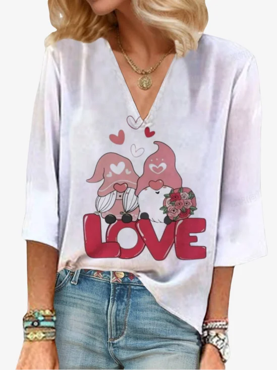 Women's Valentine's Day Gnomes Love Print Three Quarter Sleeve Blouse