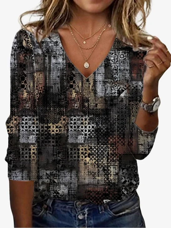 Women's Long Sleeve Tee T-shirt Spring/Fall Geometric Jersey V Neck Daily Going Out Casual Top