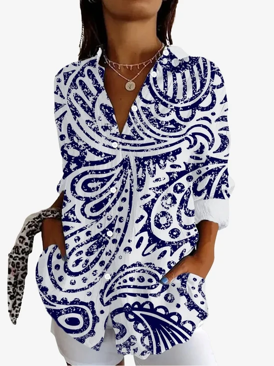 Women's Long Sleeve Shirt Spring/Fall Ethnic Shirt Collar Vacation Going Out Casual Top
