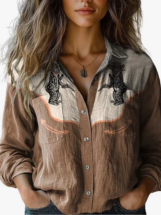 Women's Long Sleeve Shirt Spring/Fall Color Block Shirt Collar Holiday Going Out Casual Top