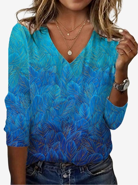 Women's Leaf Long Sleeve Tee T-shirt V Neck Casual Spring/Fall Floral Top