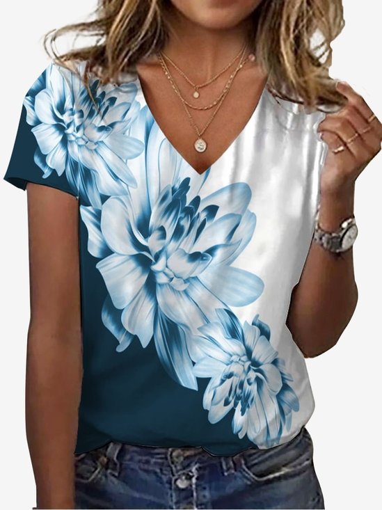 Women Floral Short Sleeve Tee T-shirt V Neck Casual Summer Top