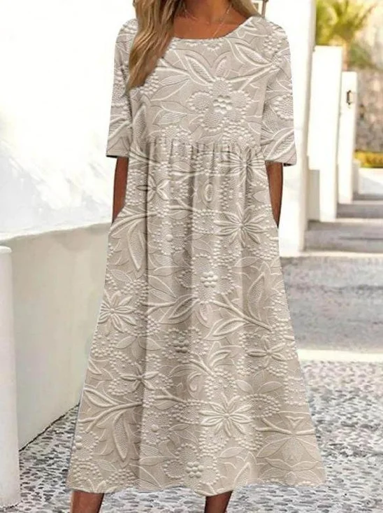 Women's Half Sleeve Summer 3D Floral Dress Crew Neck Daily Going Out Vintage Maxi A-Line Shirt Dress