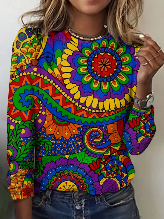 Women's Long Sleeve Tee T-shirt Spring/Fall Plaid Cotton Crew Neck Daily Going Out Vintage Top