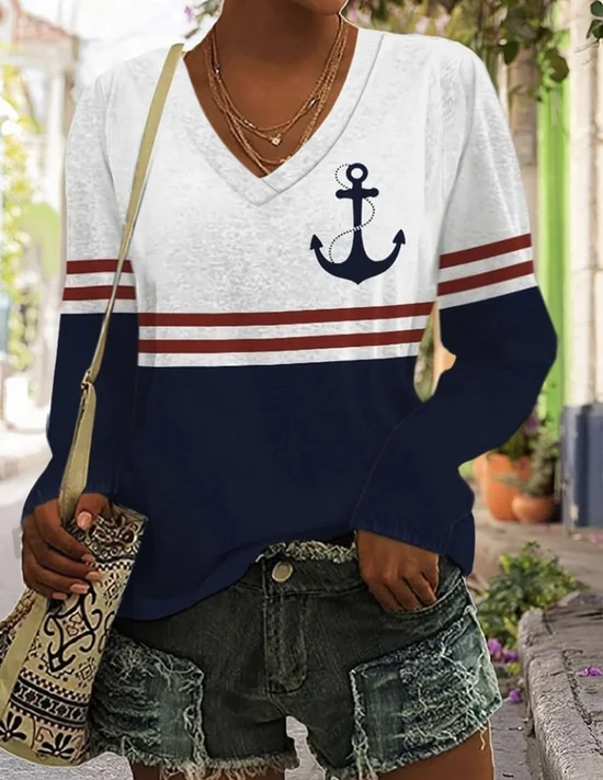 Women's Long Sleeve Tee T-shirt Spring/Fall Multicolor Block Cotton V Neck Daily Going Out Vintage Top