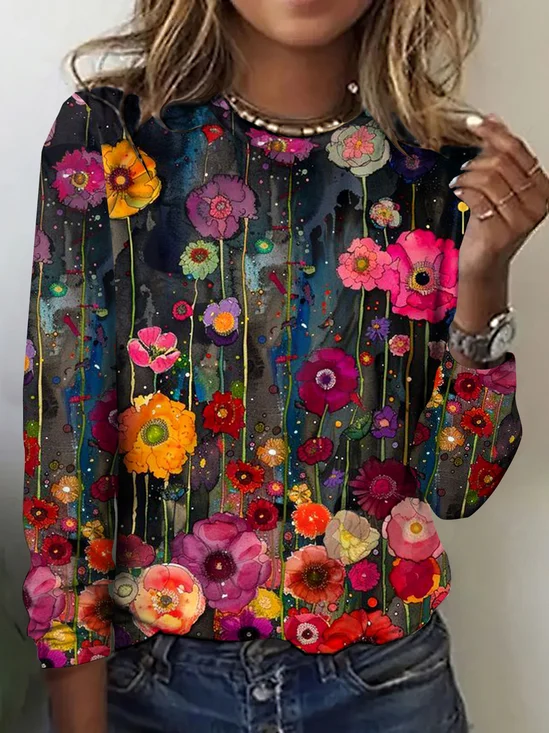 Women's Floral Long Sleeve Tee T-shirt Crew Neck Vintage Spring/Fall Top