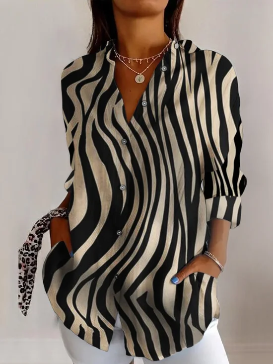 Women's Long Sleeve Shirt Spring/Fall Geometric Cotton Shirt Collar Daily Going Out Casual Top