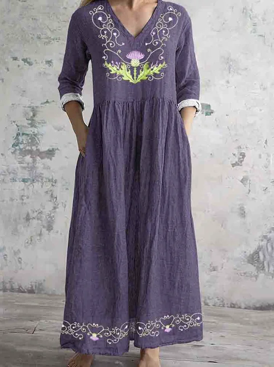 Women's Long Sleeve Spring/Fall Floral Dress V Neck Daily Going Out Vintage Maxi Fit & Flare Dress A-Line Dress