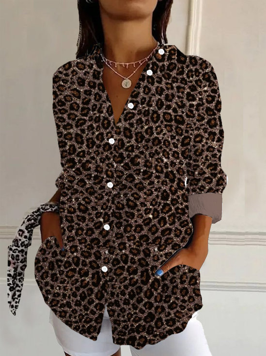 Women's Long Sleeve Shirt Spring/Fall Leopard Shirt Collar Daily Going Out Casual Top