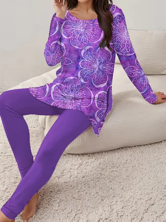 Women's Floral Daily Going Out Two Piece Set Long Sleeve Casual Spring/Fall Top With Pants Matching Set