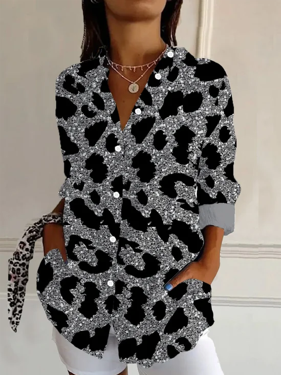 Women's Long Sleeve Shirt Spring/Fall Leopard Buckle Shirt Collar Daily Going Out Casual Top
