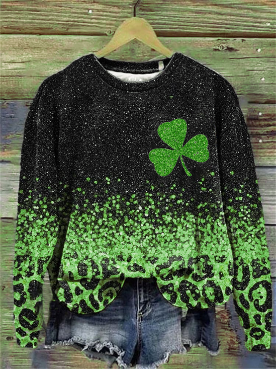 Women's Leopard St. Patrick's Day Floral Shamrock Casual Spring/Fall Long Sleeve Sweatshirt
