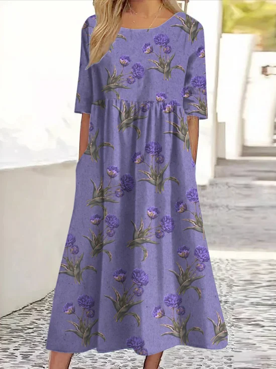 Women's Floral Three Quarter Sleeve Spring/Fall Dress Crew Neck Daily Casual Maxi Fit & Flare Dress A-Line Dress