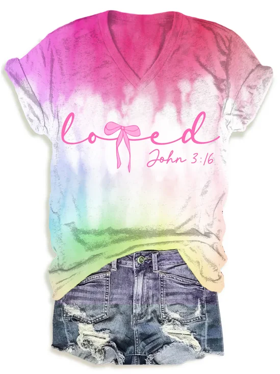 Women's Short Sleeve Tee T-shirt Summer Ombre Printing V Neck Casual Top Graphic Tee