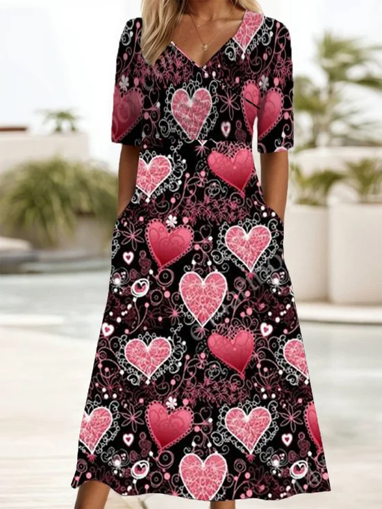 Women's Valentine's Day Love Heart Print Short Sleeve Midi Dress