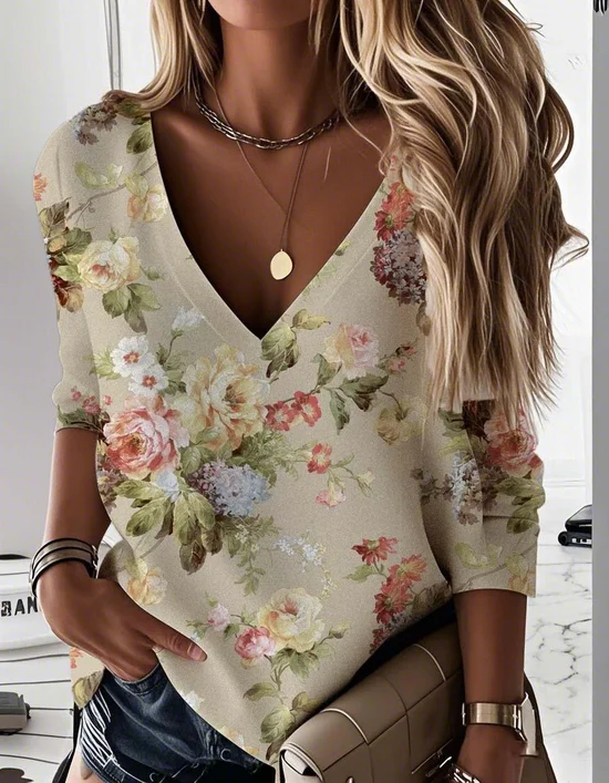 Women's V Neck Floral Vintage Spring/Fall Long Sleeve Sweatshirt