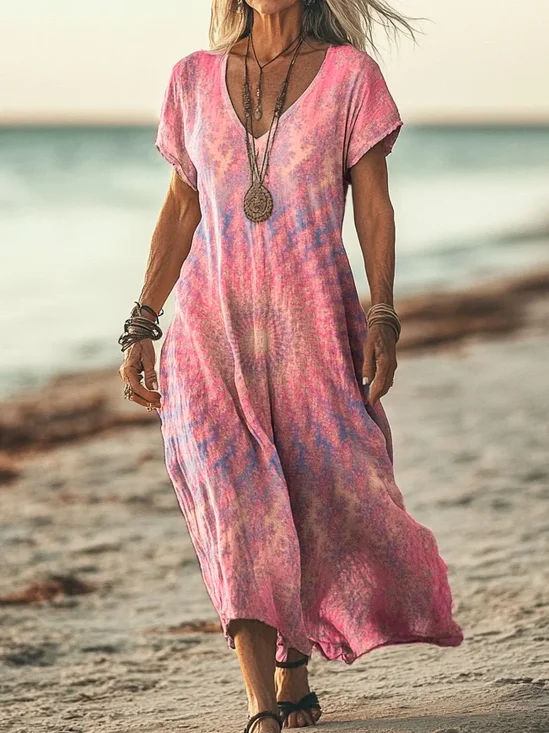 Women's Short Sleeve Summer Tie Dye Printing Dress V Neck Daily Going Out Casual Maxi T-Shirt Dress H-Line Dress