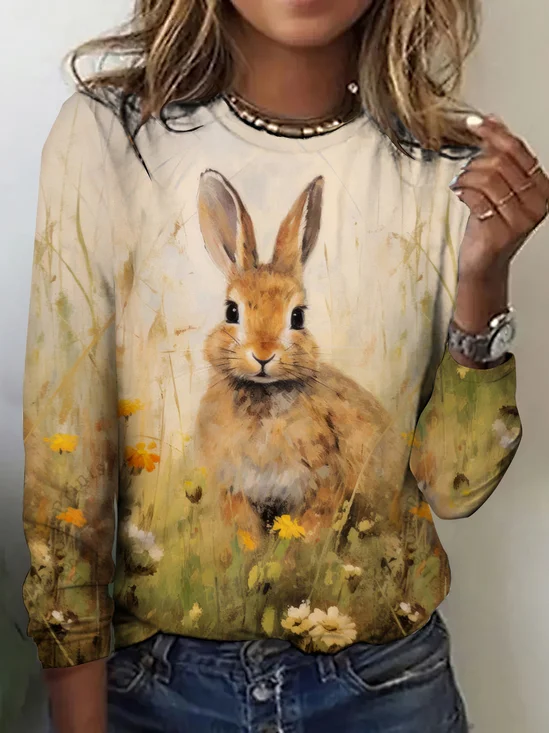 Women Rabbit Print Long Sleeve Tee T-shirt Crew Neck Vintage Spring/Fall Top