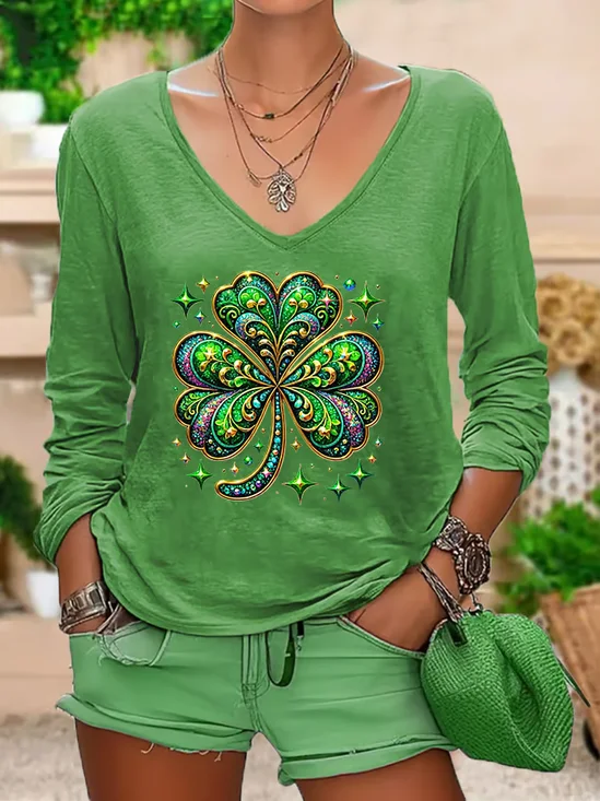 Women's Long Sleeve Tee T-shirt Spring/Fall Shamrock St Patrick's Day Floral V Neck Casual Graphic Tee Top